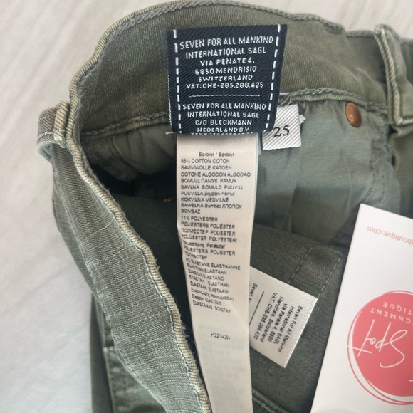 7 For All Mankind military green mid rise Roxanne slim illusion woodland jeans. - Picture 6 of 7